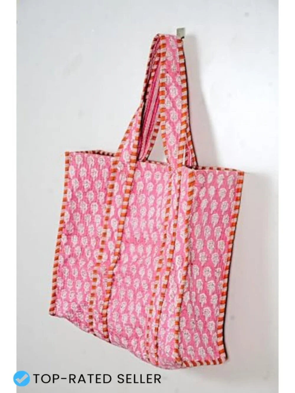 Quilted Cotton Handprinted Reversible Large Multicolor Floral Tote Bag